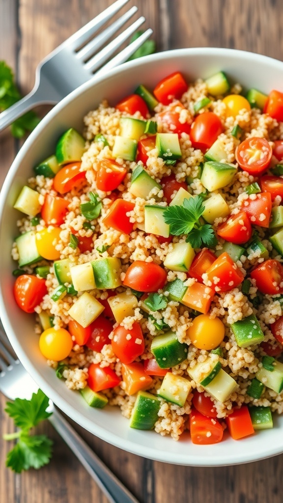 A colorful quinoa salad with vegetables and parsley in a bowl on a wooden table.